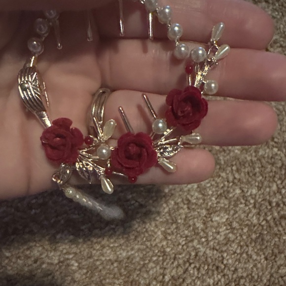 Gold Hair pin Set with Red Rose & Pearl Accents - Picture 6 of 7